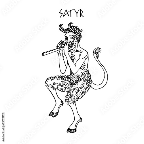 satyr ancient greek deity of forests, a mythological character, ornament element, vector illustration with black ink lines isolated on a white background in a doodle & hand drawn style photo
