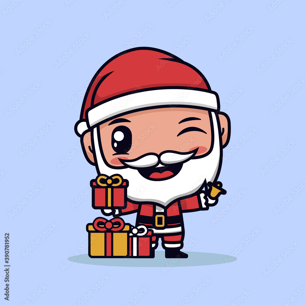 Santa Claus Boy Cute Character. Gift box. Merry Christmas And Happy New Year Cartoon Art. Vector Illustration Santa Claus Boy Cute Character. Gift box. Merry Christmas And Happy New Year Cartoon Art. Vector Illustration