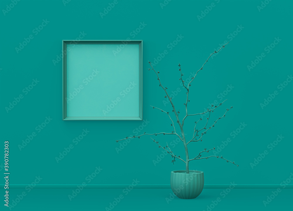 Single poster frame and single flower in flat green color room, monochrome concept, 3d rendering Single poster frame and single flower in flat green color room, monochrome concept, 3d rendering