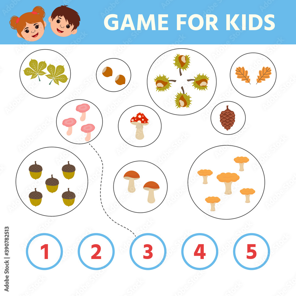 Education game for children. How many mushrooms. Kids learning material. Preschool worksheet activity. Children funny riddle entertainment. Vector Illustration