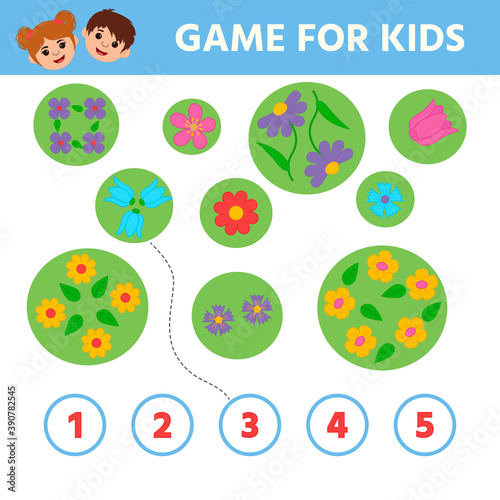 Math Education game for children. How many flowers. Kids learning material. Preschool worksheet activity. Children funny riddle entertainment. Vector Illustration