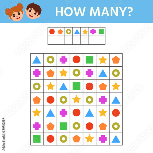 Education Game for kids. How many geometric figures.  Preschool worksheet activity. Children funny riddle entertainment for the development of logical thinking