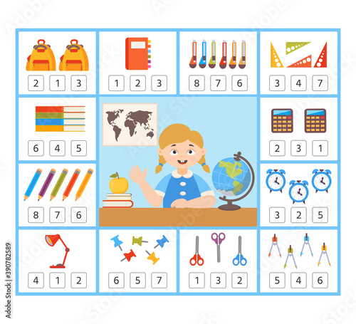 Math Education game for children. How many school supplies. Kids learning material. Preschool worksheet activity. Children funny riddle entertainment. Vector Illustration