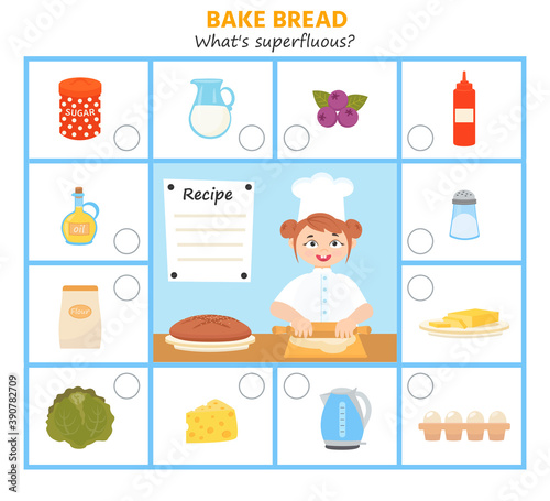 Game for kids. We bake bread. What's superfluous?  Preschool worksheet activity. Children funny riddle entertainment for the development of logical thinking