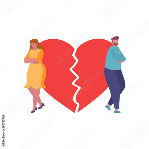 The concept of breaking the love relationship, family crisis  and quarrel. Divorce. Former couple. Conflict between lovers. Broken heart. Vector. Illustration