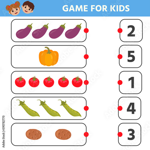 Math Education game for children. How many vegetables. Kids learning material. Preschool worksheet activity. Children funny riddle entertainment for the development of logical thinking