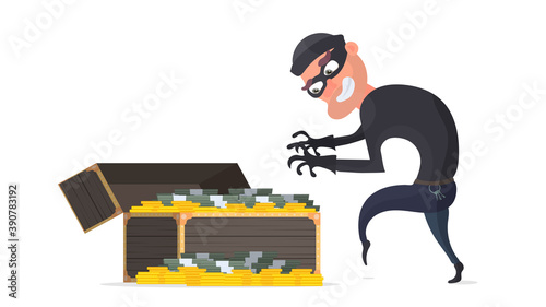 The robber steals a retro chest with money. Thief and Antique Wooden Chest. Isolated. Vector.