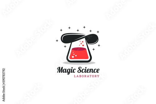 magic science logo design template. combination erlenmeyer tube with red liquid and hat of magician use black color. Isolated on white background.