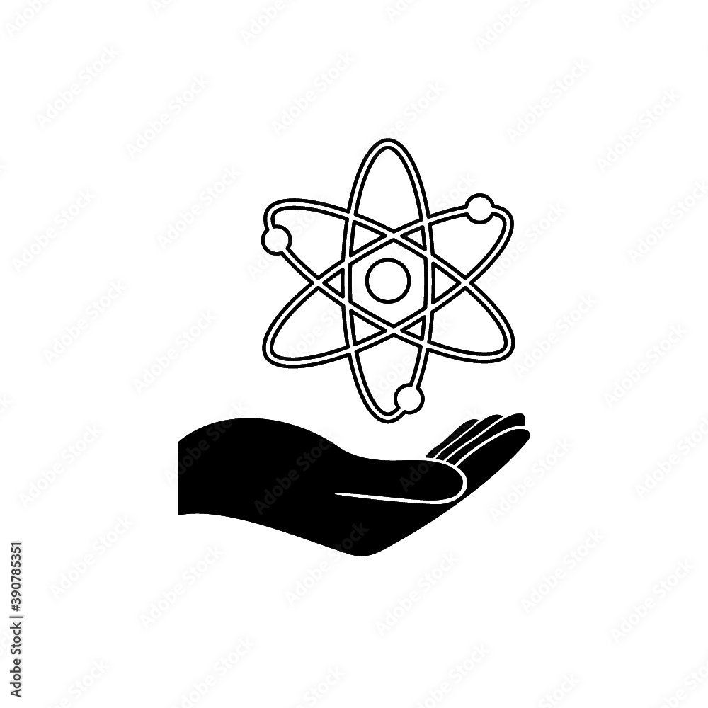 Atom on hand icon isolated on white background Atom on hand icon isolated on white background