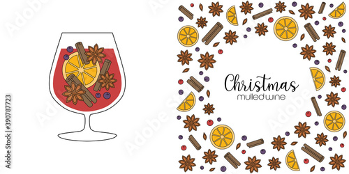 Christmas gluhwein vector, winter warm red mulled wine drink and spices, spicy wine cocktail beverage doodle vector