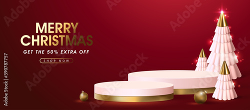 Merry Christmas sale banner template with product display podium 