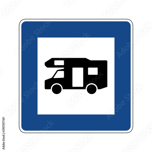 Motor caravan campsite road sign. Vector illustration of blue traffic sign with camper icon inside. Caravan motorhome parking symbol on blue board isolated on white background. 