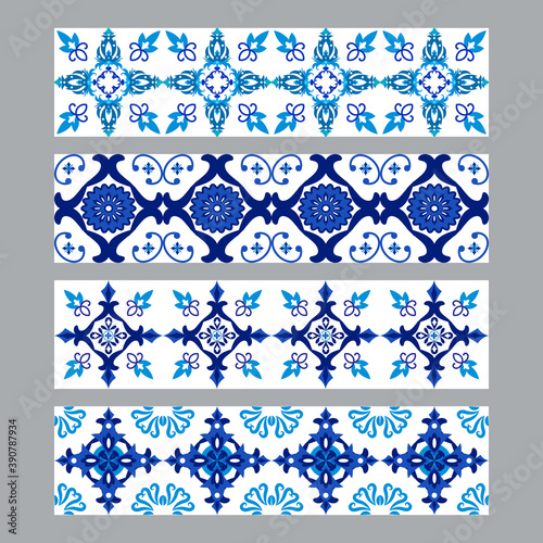 Set of azulejos portuguese traditional ornamental tile borders, blue and white pattern