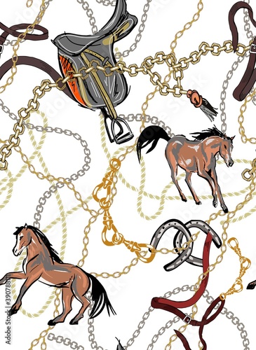 belts,rope and golden chains mix pattern with two brown horses and horse saddle.