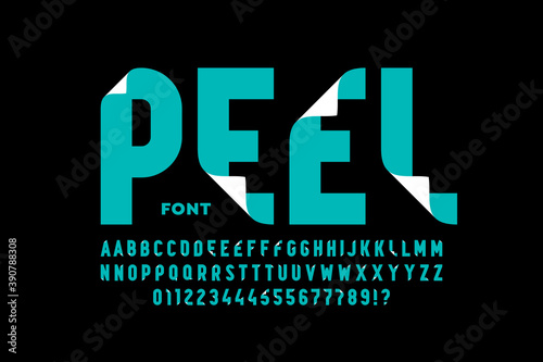 Peeled style font design, peel off alphabet letters and numbers vector illustration