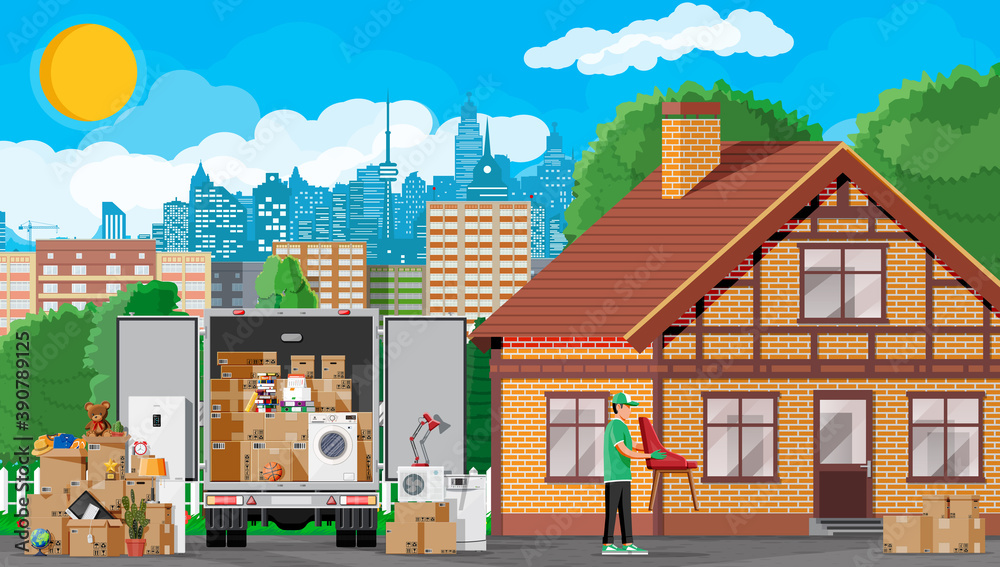 Naklejka premium Moving to new house. Family relocated to new home. Male mover, paper cardboard boxes near house, delivery truck. Package for transportation. Household items and electronics. Flat vector illustration
