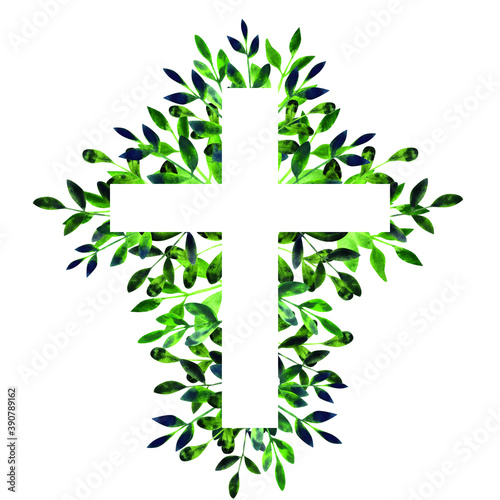 Green watercolor floral religious cross isolated on a white background. Catholic and Orthodox illustration. Easter, Baptism, First Communion clipart. Hand-drawn Christian symbol.