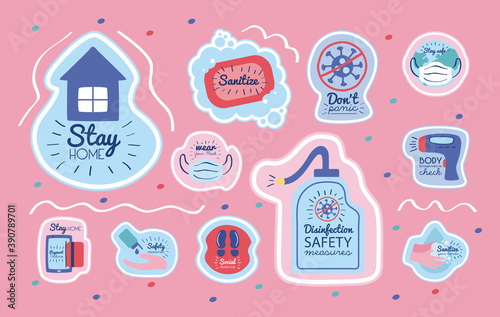 bundle of new normality campaign with letterings and icons in pink background