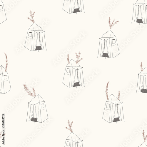 Seamless texture of camping 
and plants illustration. Hand drawn sketch watercolour painting on simple background. concept illustration of Set camping.