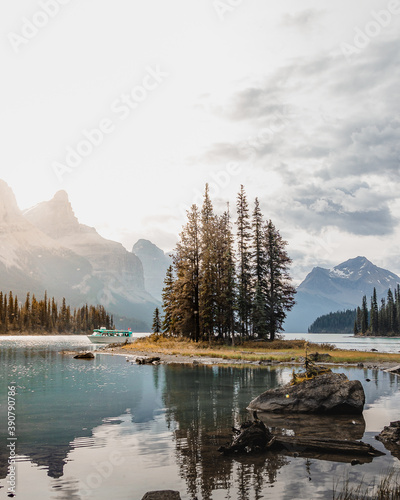 Beautiful Spirit Island in Maligne Lake, Jasper National Park, Alberta, Canada photo