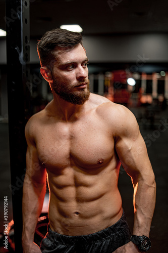 Portrait of a sportsman with perfect body. Handsome male with muscles and strong press. Shirtless bodybuilder.