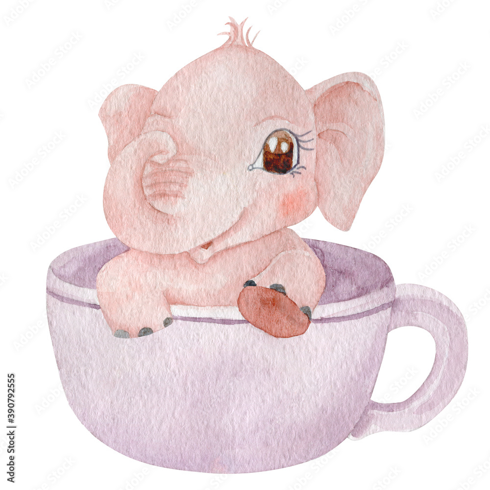 Cute baby elephant sitting in cup watercolor illustration. Children