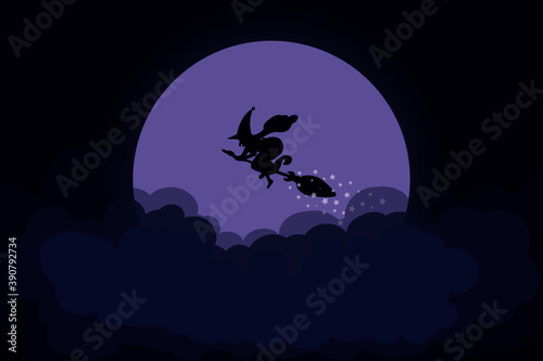 A flying Witch on the broomstick against a backdrop of a big moon with clouds at night. Vintage halloween card vector. 