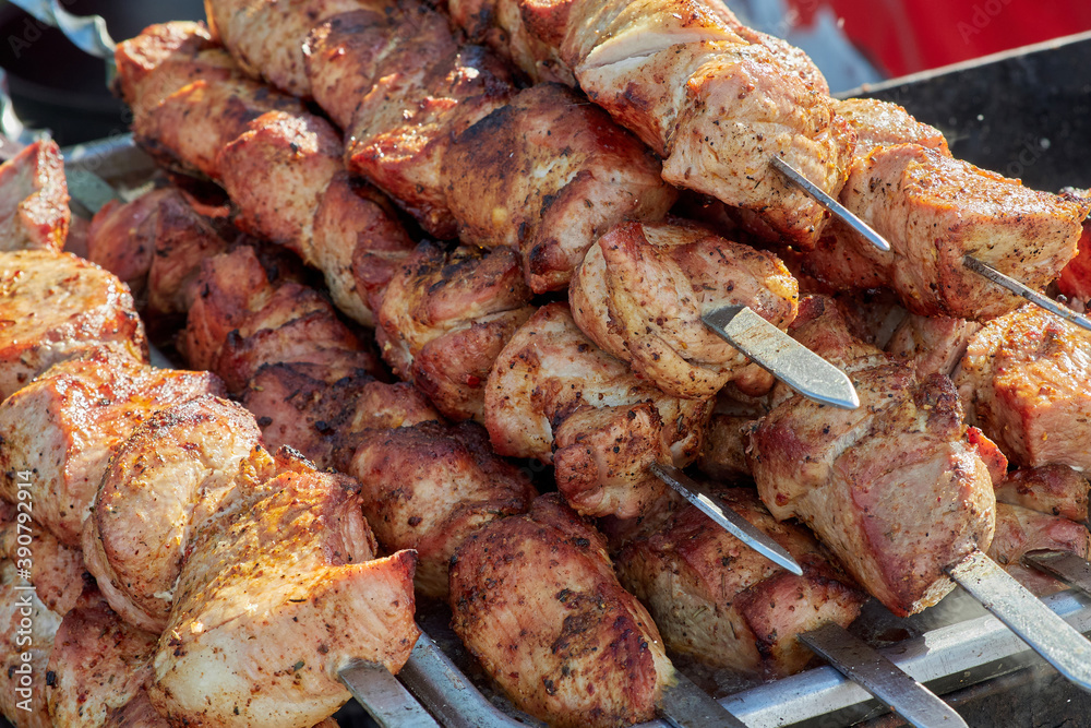 Fried meat on skewers. Grill over coals.