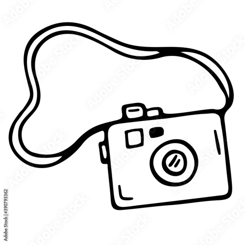 Hand drawn camera in doodle style. Take photos, snapshots from the vacation. Black contours isolated on a white background. Cartoon style camera, shooting equipment. Vector Stock illustration.