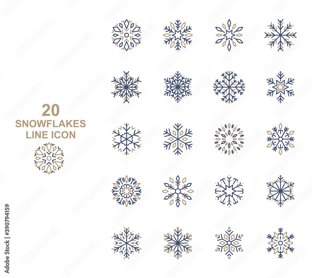 set of snowflakes thin line icons, winter season, christmas, new year