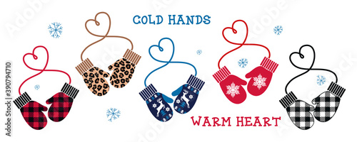 Heart Mittens collection. (Buffalo plaid, leopard, checkered pattern, snowflake, deer). Love and St. Valentine Day concept. Vector clipart.