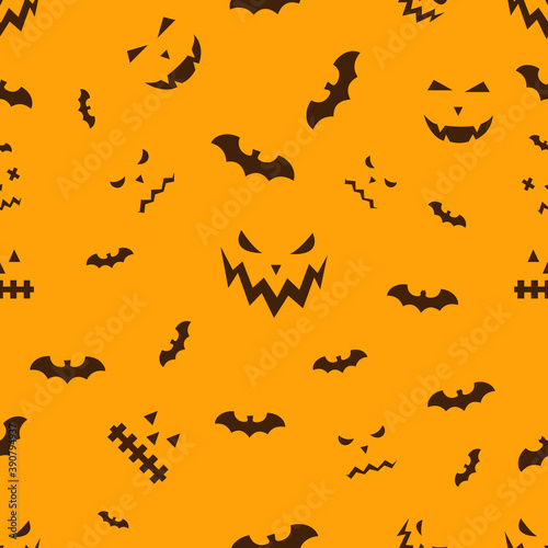 Halloween custom seamless pattern. Bats  Funny and spooky facial expressions. Vector