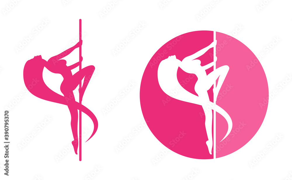 Striptease (or pole dance) logo template with beautiful woman silhouette dancing around a pole - for dancing school or men club - obrazy, fototapety, plakaty 