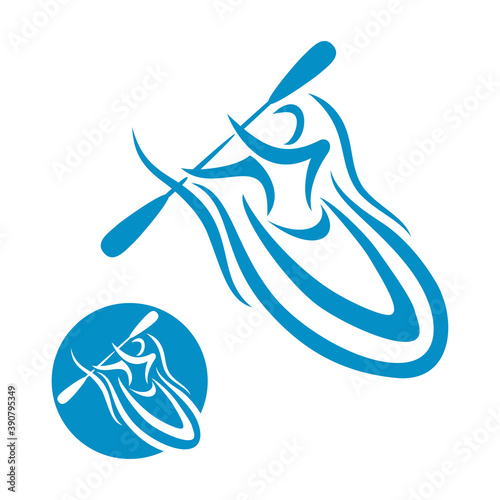 Canoeing logo or kayaking sport emblem - man silhouette that rowing with oars and paddle down the river