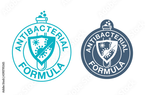 Antibacterial formula stamp for hand sanitizer, cosmetics, medical pharmacy products and household chemicals - vector isolated emblem