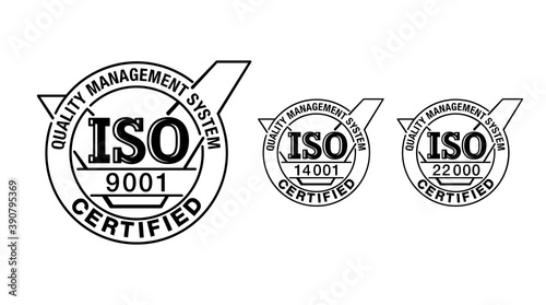 ISO 9001 certified stamp in 3 versions - year 2000, 2008 and 2015 - quality management system international standard emblem with check mark - isolated vector sign