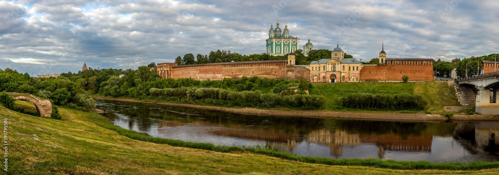 The view on Smolensk, the Cathedral of Assumption, the Dnieper river and the embankment in summer in Russia. The view on Smolensk, the Cathedral of Assumption, the Dnieper river and the embankment in summer in Russia.