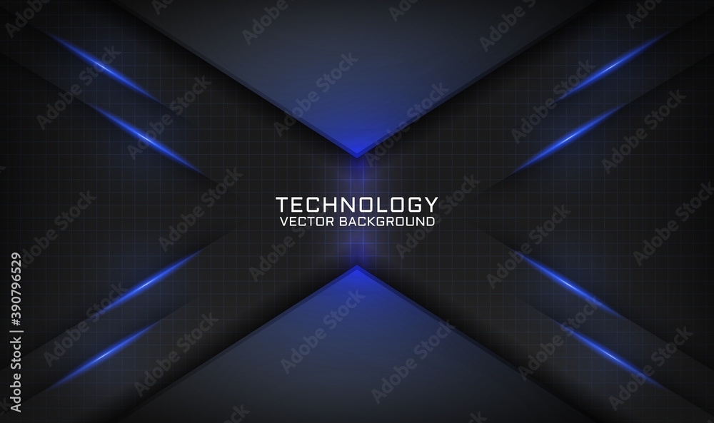 Abstract 3D black techno background overlap layers on dark space with blue light effect decoration. Modern graphic design template elements for poster, flyer, card, cover, brochure, or landing page