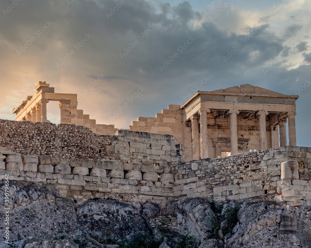 Athens Greece, scenic view of Erechtheion ancient Greek temple under dramatic sky, filtered image