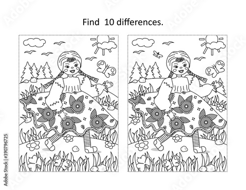 Find 10 differences visual puzzle and coloring page with beautiful cheerful girl rag doll walking outdoor
