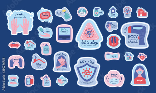 bundle of new normality campaign with letterings and icons in blue background