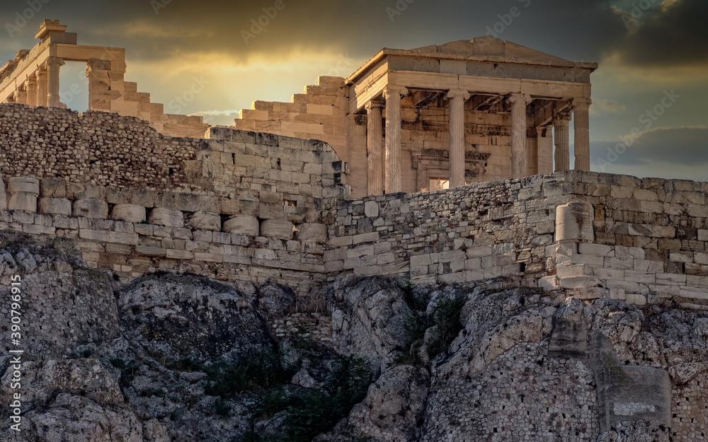 Athens Greece, scenic view of Erechtheion ancient Greek temple under dramatic sky, filtered image