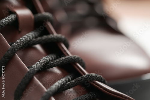 Closeup detail shot of brown leather sneaker