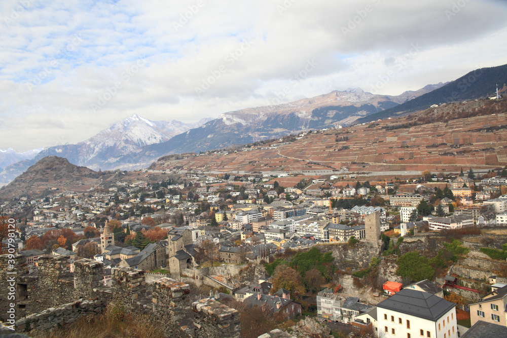 Cityscape of Sion viewed from Valere Basilica , Switzerland 