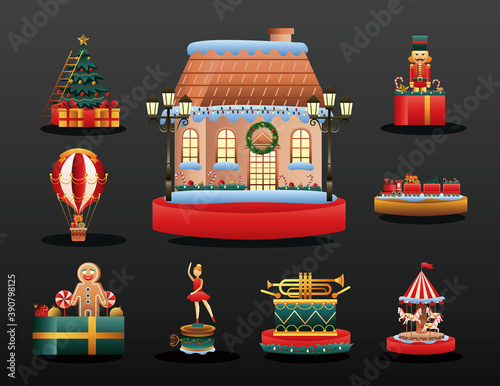 cute house and bundle of christmas toys