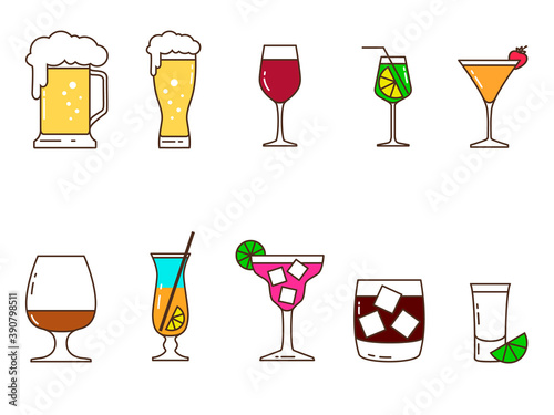 Set of colored icons of alcoholic drinks and utensils from which they are consumed. Vector illustration.
