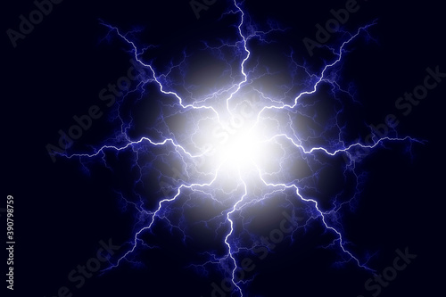 Powerful electrical discharge hitting from the center realistic illustration isolated on black transparent background. Flaming lightning strike in the dark. Electrical energy flash light effect