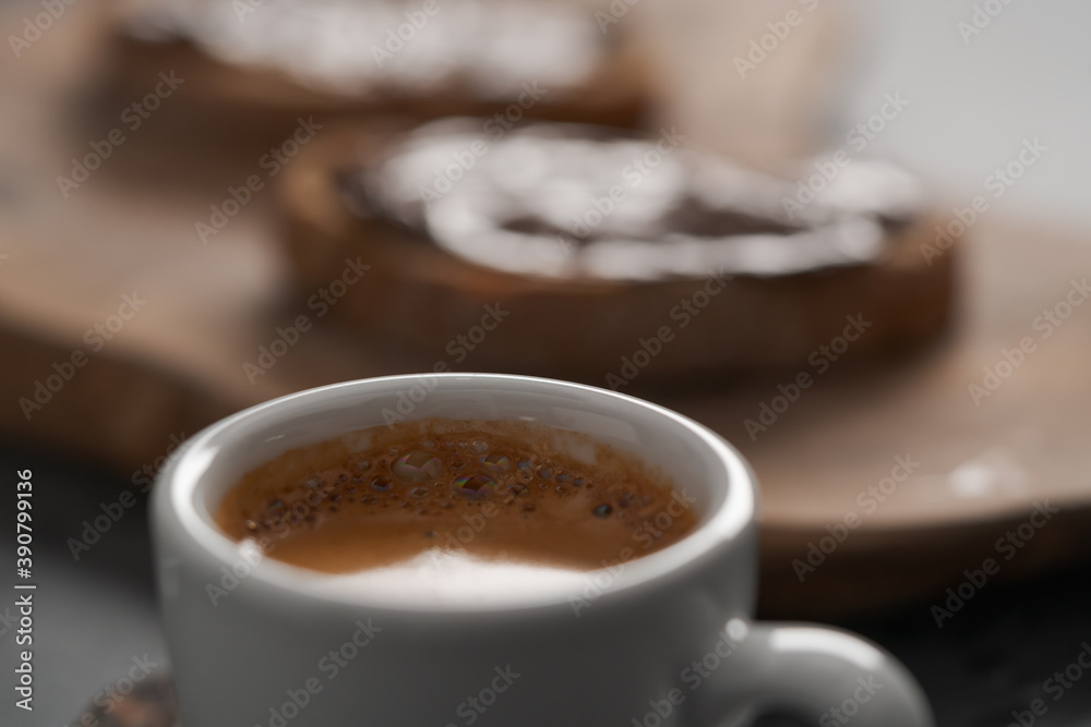 sweet breakfast with ciabatta with chocolate spread and cup of espresso sweet breakfast with ciabatta with chocolate spread and cup of espresso