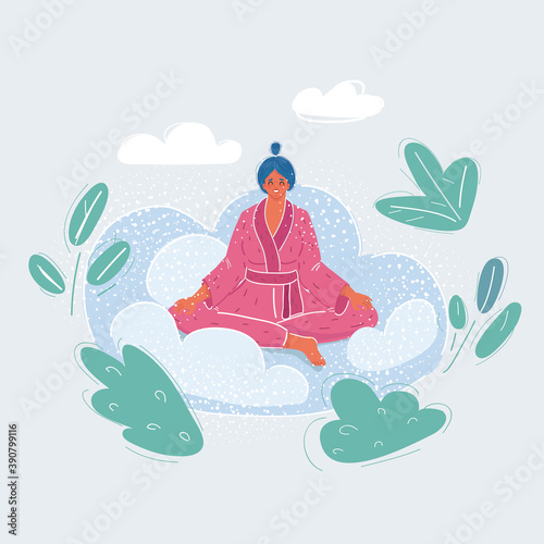 Vector illustration of happy woman relaxed on cloud.