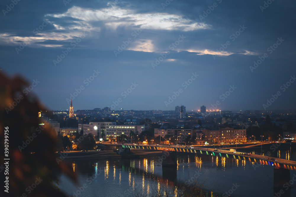 Beautiful city night landscape, view of the Danube city of Novi Sad